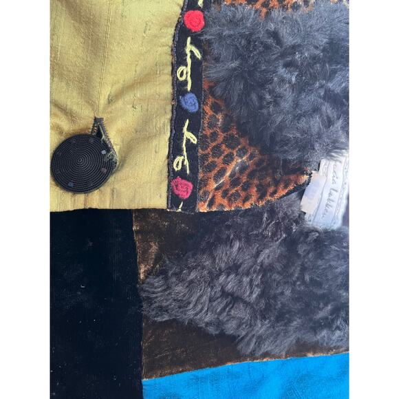 VTG Lucia Lukken Velvet Jacket Medium Black Faux Fur Collar Patchwork Preppy - Picture 5 of 8